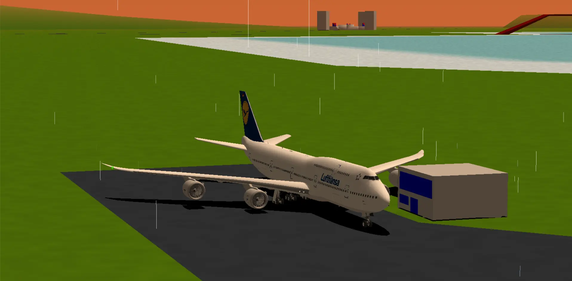 Lufthansa Boeing 747 in sunset while its raining